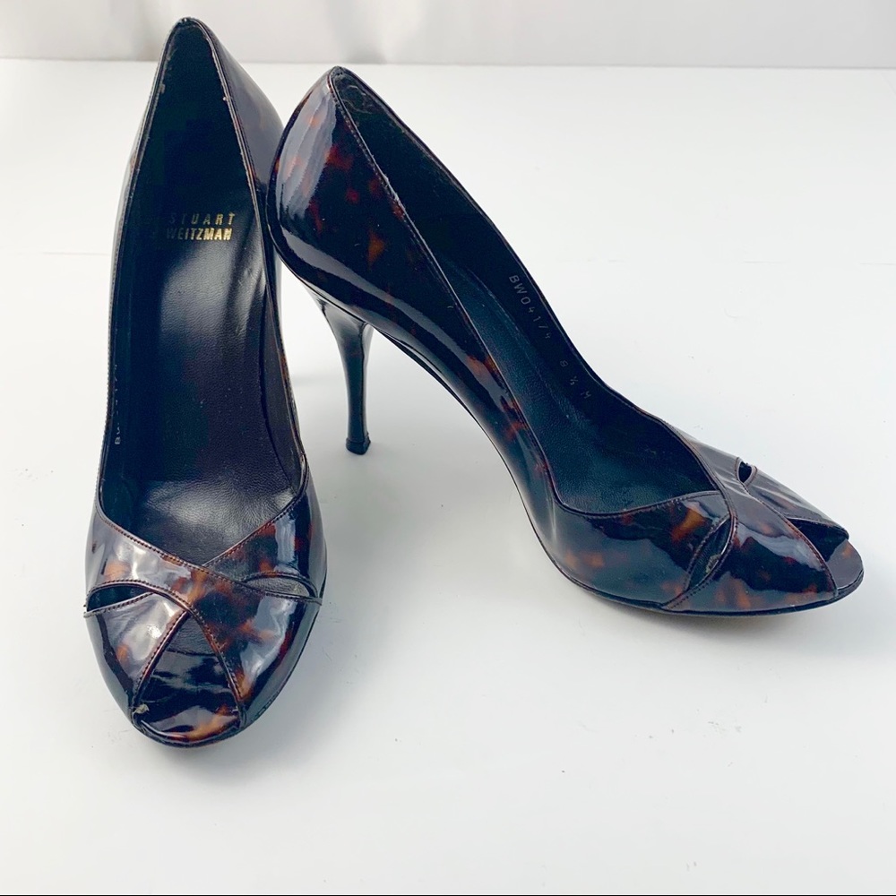 STUART WEITZMAN Tortoise Print Peep-toe Heels